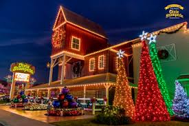 Outside the Dolly Parton Christmas Stampede is adorned with beautiful colorful lights.